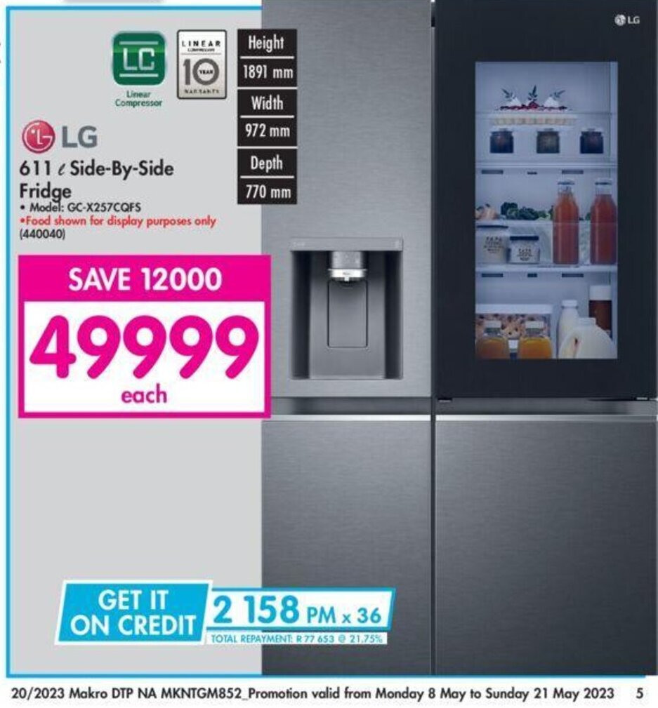 LG 611l SideBySide Fridge offer at Makro