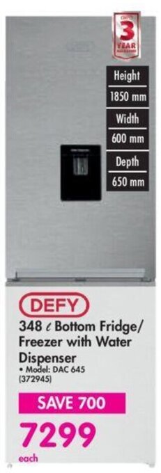 Makro DEFY 348l Bottom Fridge/ Freezer with Water Dispenser offer