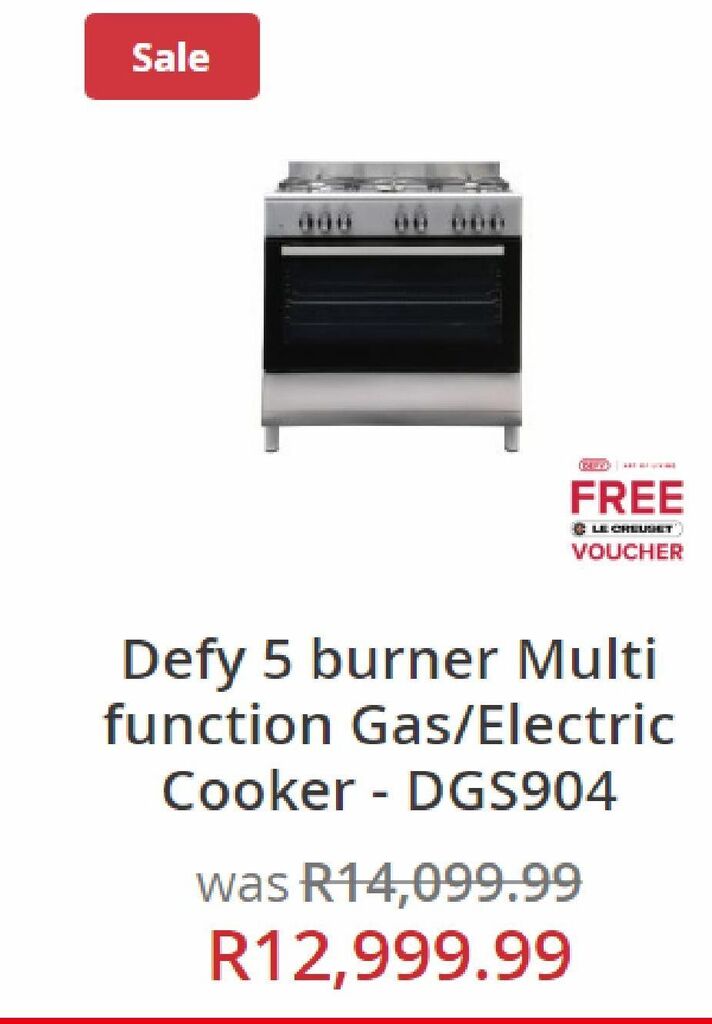 Defy 5 burner multi function gas/electric cooker dgs904 offer at Hirsch's