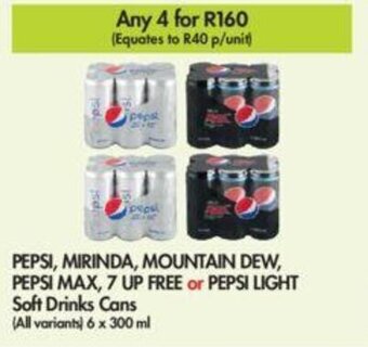 PEPSI, MIRINDA, MOUNTAIN DEW, PEPSI MAX, 7 UP FREE or PEPSI LIGHT Soft Drinks Cans