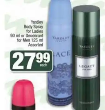 Yardley Body Spray for Ladies 90ml or Deodorant for Men 125ml Assorted