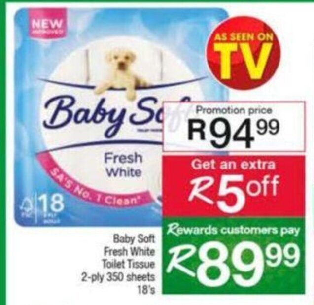 Baby Soft Fresh White Toilet Tissue 2Ply 350 sheets offer at Spar