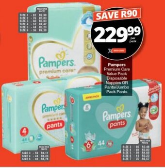 Checkers Pampers Premium Care Value Pack Disposable Nappies OR Pants/Jumbo Pack Pants offer