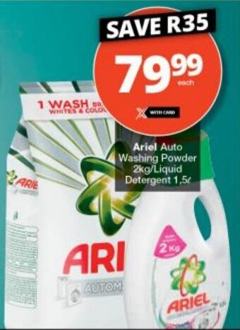 Checkers Ariel Auto Washing Powder 2kg/Liquid Detergent 1,5l offer