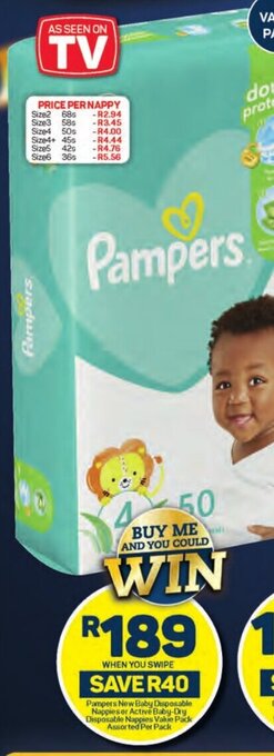 Pick n Pay Pampers New Baby Disposable Nappies or Active Baby-Dry Disposable Nappies Value Pack Assorted Per Pack offer
