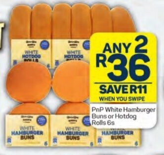 PnP White Hamburger Buns or Hotdog Rolls 6s