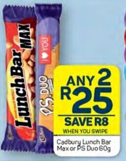 Pick n Pay Cadbury Lunch Bar Max or PS Duo 60g offer