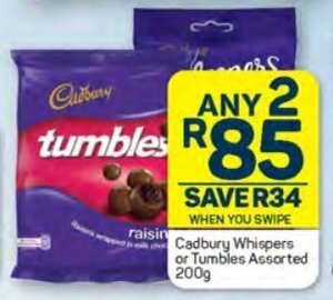 Pick n Pay Cadbury Whispers or Tumbles Assorted 200g offer