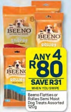 Pick n Pay Beeno Flatties or Rollies Semi Moist Dog Treats Assorted 120g offer