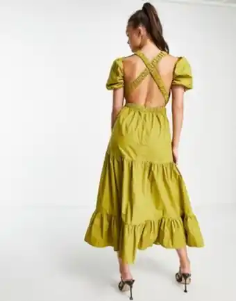 Asos Collective the label exclusive cross back tiered midi dress in olive green offer