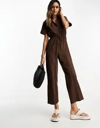 Asos Lola may collared tie waist jumpsuit in chocolate brown offer