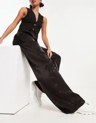 Heartbreak satin drawstring wide leg trousers in black