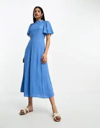 Asos Whistles spot print fluted sleeve mido dress in blue offer