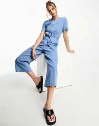 Asos Whistles zip front short sleeve denim jumpsuit in blue offer