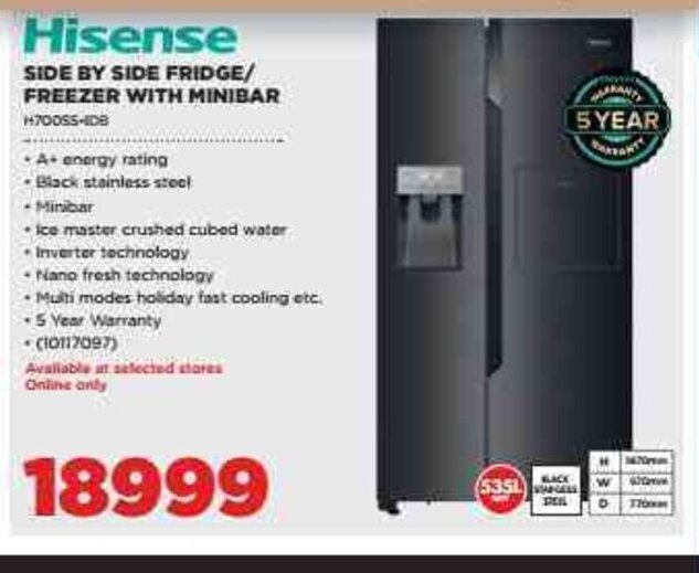Hisense Side by Side Fridge/Freezer with Minibar offer at HiFi Corp