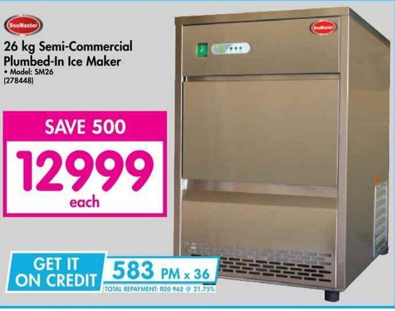 SnoMaster 26 kg PlumbedIn Ice Maker offer at Makro