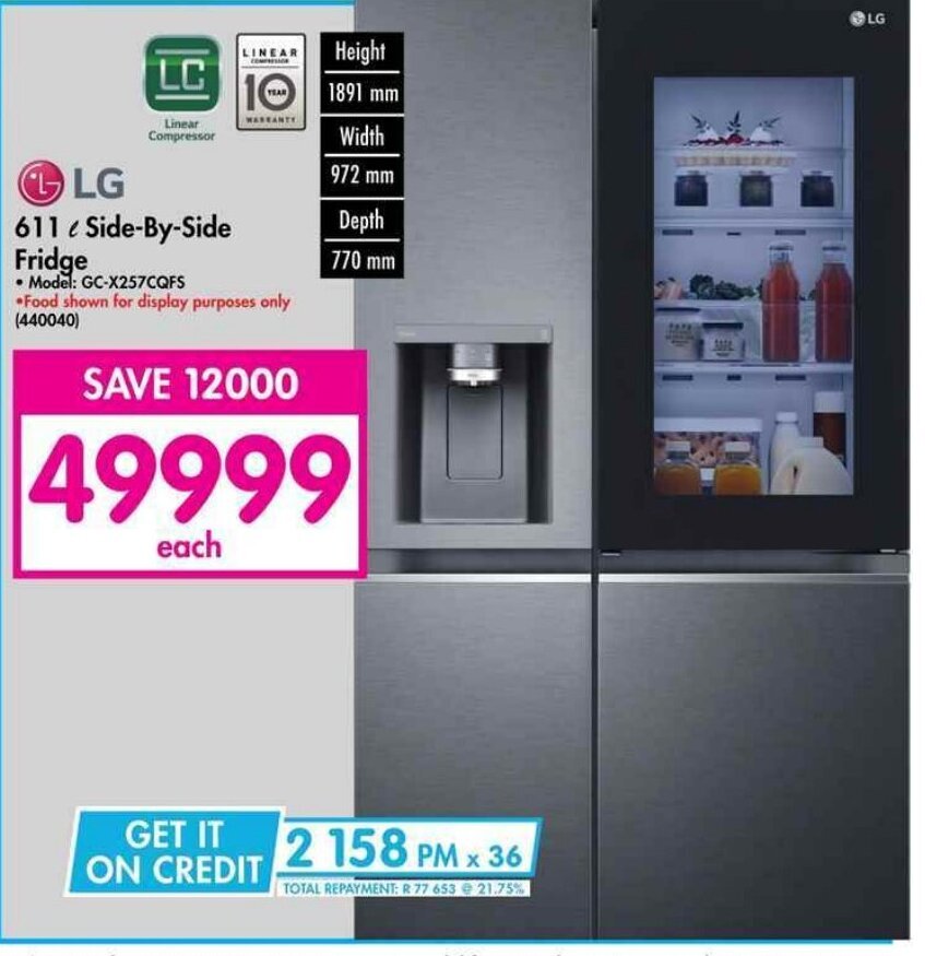 LG 611l SidebySide Fridge offer at Makro