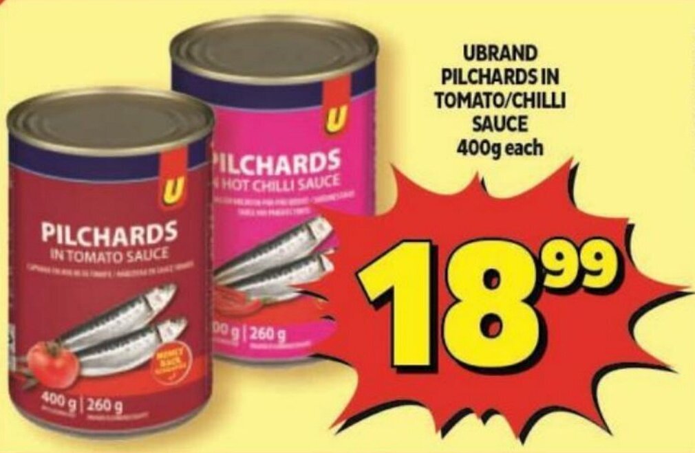 UBRAND PILCHARDS IN TOMATO/CHILLI SAUCE 400g each offer at Usave