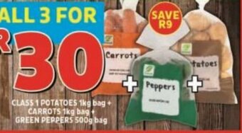 Usave CLASS 1 POTATOES 1kg bag + CARROTS 1kg bag GREEN PEPPERS 500g bag offer