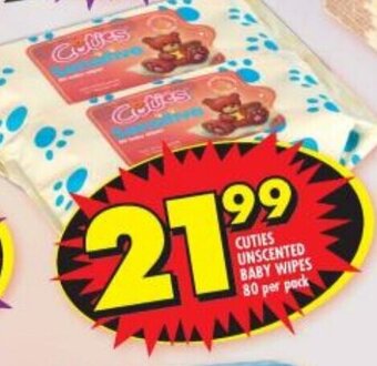 Shoprite CUTIES UNSCENTED BABY WIPES 80 per pack offer