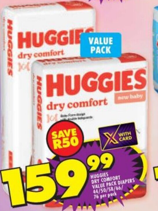 HUGGIES DRY COMFORT VALUE PACK DIAPERS 44/50/58/66/ 76 per pack offer