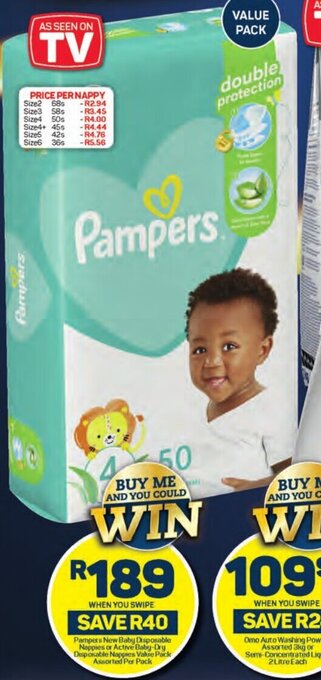 Pick n Pay Pampers New Baby Disposable Nappies or Active Baby-Dry Disposable Nappies Value Pack Assorted Per Pack offer