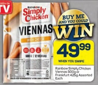 Pick n Pay Rainbow Simply Chicken Viennas 500g or Frankfurt 425g Assorted Each offer