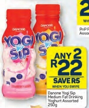 Pick n Pay Danone Yogi Sip Medium Fat Drinking Yoghurt Assorted 250g offer