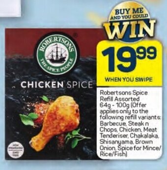 Pick n Pay Robertsons Spice Refill Assorted 64g-100g (Offer applies only to the following refill variants: Barbecue, Steak n Chops, offer