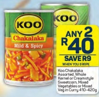 Pick n Pay Koo Chakalaka Assorted, Whole Kernel or Creamstyle Sweetcorn, Mixed Vegetables or Mixed Veg in Curry 410-420g offer