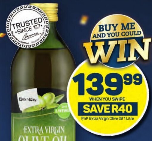PnP Extra Virgin Olive Oil 1 Litre offer at Pick n Pay