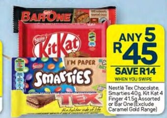 Nestlé Tex Chocolate, Smarties 40g Kit Kat 4 Finger 41.5g Assorted or Bar One (Exclude Caramel Gold Range)