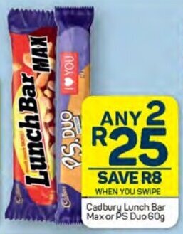 Pick n Pay Cadbury Lunch Bar Max or PS Duo 60g offer