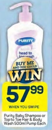 Pick n Pay Purity Baby Shampoo or Top to Toe Hair & Body Wash 500ml Pump Each offer