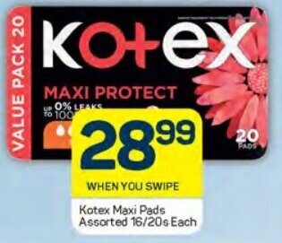 Pick n Pay Kotex Maxi Pads Assorted 16/20s Each offer