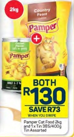 Pick n Pay Pamper Cat Food 2kg and 1x Tin 385/400g Tin Assorted offer