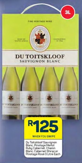 Du Toitskloof Sauvignon Blanc, Pinotage Merlot Ruby Cabernet, Chenin Blanc, Cabernet Shiraz or Pinotage Rosé 3 Litre Each