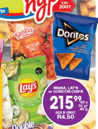 Giant Hyper Simba Lay's or Doritos Chips 48x36g/45g offer