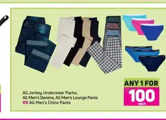 All jockey underwear packs, all men's denims, all men's longue oants or all men's chino pants