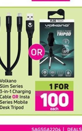 Volkano slim series 3 in 1 charging cable or insta series mobile desk tripod