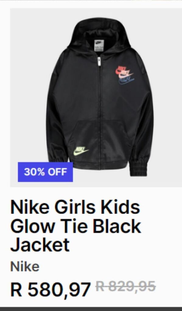 Nike girls kids glow tie black jacket offer at Sportscene