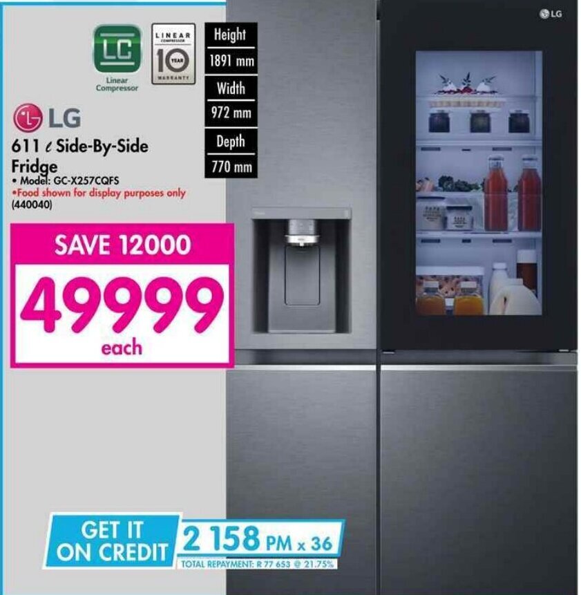 LG 611l SideBySide Fridge offer at Makro