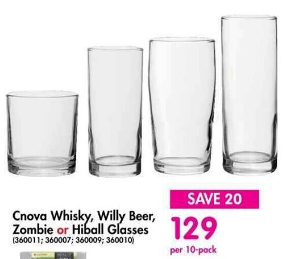 Cnova Whisky, Willy Beer, Zombie or Hiball Glasses offer at Makro