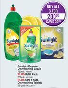 Dis-Chem Sunlight regular dishwashing liquid 750ml+refill pack 750ml+5-in-1 auto dishwashing tablet 56-for 3 offer