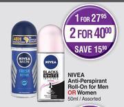 Dis-Chem Nivea anti perspirant roll on for men or women assorted-for 1 x 50ml offer
