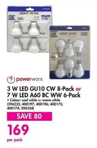 Makro powerworx 3 W LED GU10 CW 8-Pack or 7 W LED A60 BC WW 6-Pack offer