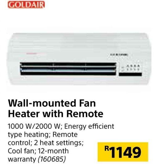 Wallmounted Fan Heater with Remote offer at Builders Warehouse