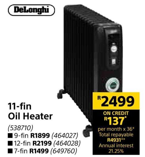 DeLonghi 11-fin Oil Heater offer at Builders Warehouse