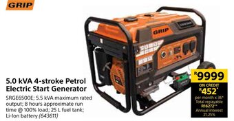 Builders Warehouse Grip 5.0 KVA 4-stroke Petrol Electric Start Generator offer