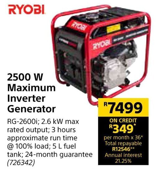 RYOBI 2500 W Maximum Inverter Generator offer at Builders Warehouse